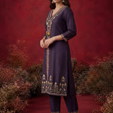 Ibadat Deep Purple Floral Embroidered Rayon V-neck Kurta Set with Pockets