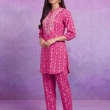Fuchsia Pure Cotton Embroidered Mandarin Collar Co-ord Set
