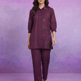 Purple Floral Embroidered Straight Co-ord Set