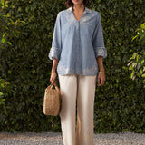 Sara Blue Embroidered Chambray Shirt for Women