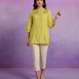 Lemon Cotton Resham Zari Embroidered Puff Sleeve Shirt
