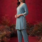 Teal Embroidered Cotton Blend Regular Kurta Set