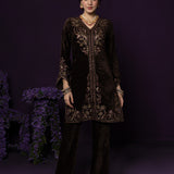 Paro Brown Resham Embroidred Velvet Long Co-ord Set