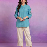 Aqua Cotton Resham Sequin Embroidered Shirt