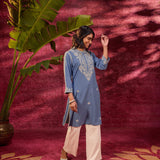 Saadgi Windy Blue Embroidered Cotton Linen Tunic for Women