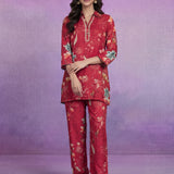 Red Cotton Blend Printed Sequin Co-ord Set