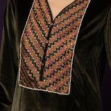 Vedhi Olive Green Embroidered Velvet Suit Set with Brasso Dupatta