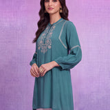 Green Rayon Embroidered Mandarin Collar Top