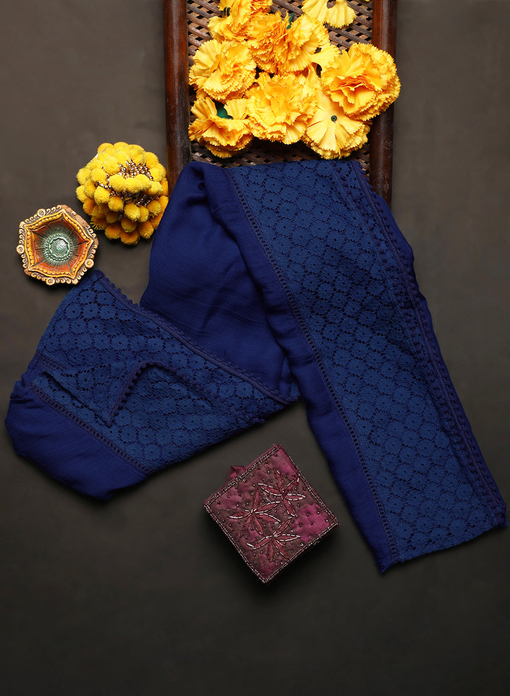 Royal Blue Mulmul Cotton Dupatta with Lace Detailing