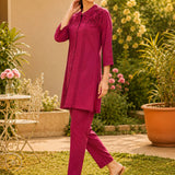 Cotton Blend Embroidered Tunic Trouser Co-Ord Set