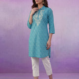 Aqua Blue All-Over Printed Cotton Cambric Straight Kurti