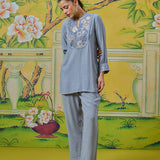 Aiyana Steel Blue Foil Embroidered Co-ord Set