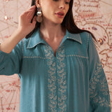 Ida Navy Embroidered Rayon Co-ord Set for Women