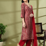 Chanderi Cotton Printed Kurta Trouser Dupatta Set