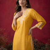 Mustard Embroidered Cotton Blend Regular Kurta Set