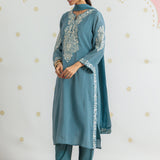 Kiara Cadet Blue Embroidered Suit Set