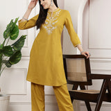 Cotton Linen Embroidered Tunic Trouser Co-Ord Set
