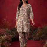 Cream Metallic Print & Pearl Kurta Set
