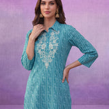 Aqua Blue All-Over Printed Cotton Cambric Straight Kurti