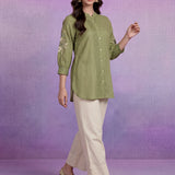 Light Green Cotton Resham Sequin Embroidered Shirt
