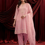 Baby Pink Embroidered Chanderi A-Line Suit Set