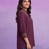 Women’s Wine Viscose Smocked Yoke Straight Tunic