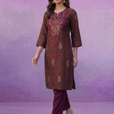 Wine All-Over Printed Cotton A-Line Kurta Set