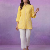 Yellow Embroidered Cotton Slub Relaxed Top