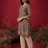 Mushroom Brown Embroidered Mul Chanderi Co-ord Set