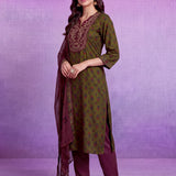 Olive Viscose Straight Kurta Set