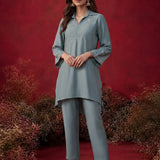 Aqua Teal Embroidered Cotton High-Low Co-Ord Set