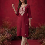 Fuchsia Embroidered Cotton Straight Kurta Set