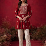 Zari Red Mirror Work Cotton Kurta Set