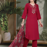 Silk Blend Floral Yoke Embroidered Kurta Palazzo Dupatta Set