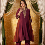 Misha Wine Maroon Embroidered Anarkali Kurta Set