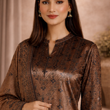 Mustard Ethnic Printed Velvet 3 Piece Kurta Set