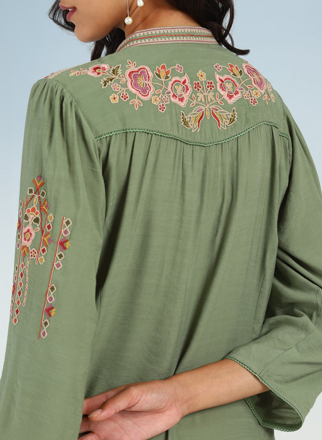 Green Floral Tunic with Shoulder Gathers