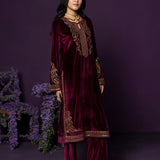 Zeenat Maroon Embroidered Velvet Suit Set with Dupatta