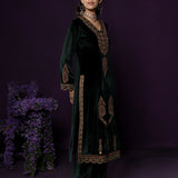 Koel Green Embroidered Velvet Suit Set with Banarasi Dupatta