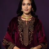 Zeenat Maroon Embroidered Velvet Suit Set with Dupatta