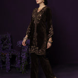 Paro Brown Resham Embroidred Velvet Long Co-ord Set