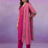 Fuchsia Printed Suit Set with Applique Neckline