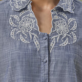 Anaya Stone Blue Embroidered Linen-Textured Shirt