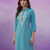 Aqua Blue All-Over Printed Cotton Cambric Straight Kurti