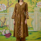 Zoya Olive Green Embroidered Panelled A-Line Kurta Set