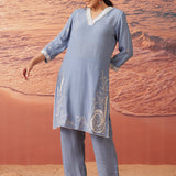 Iris Light Blue Embroidered Rayon Co-ord Set for Women