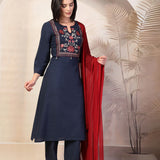 Cotton Blend Floral Embroidered Kurta Palazzo Dupatta Set