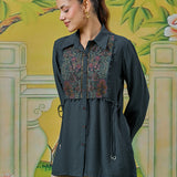 Meher Tropical Teal Thread Embroidered Shirt
