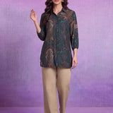 Poly Viscose Teal Abstract Print Shirt
