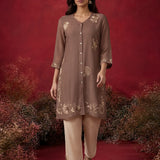 Mushroom Brown Embroidered Mul Chanderi Co-ord Set